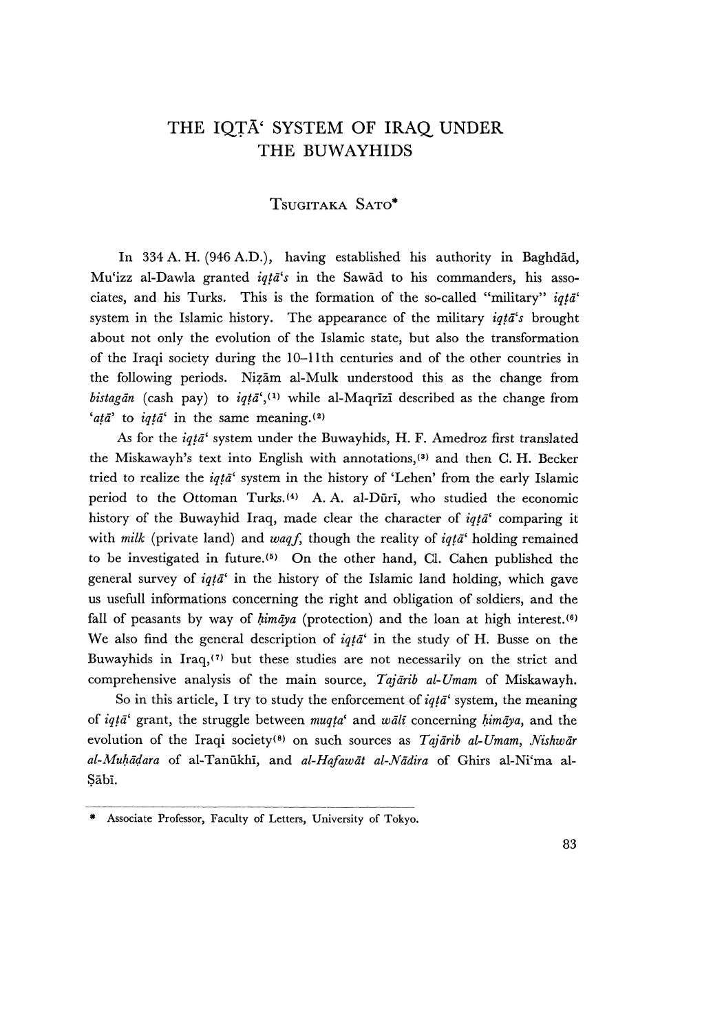 The Iqta' System of Iraq Under the Buwayhids Tsugitaka Sato