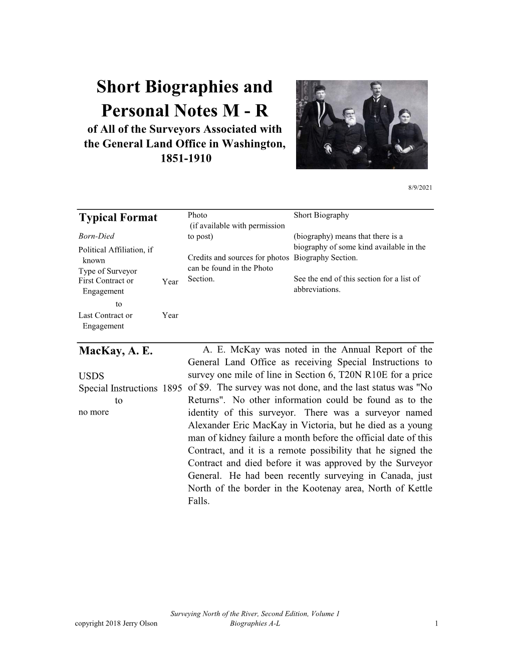 Short Biographies and Personal Notes M - R of All of the Surveyors Associated with the General Land Office in Washington, 1851-1910