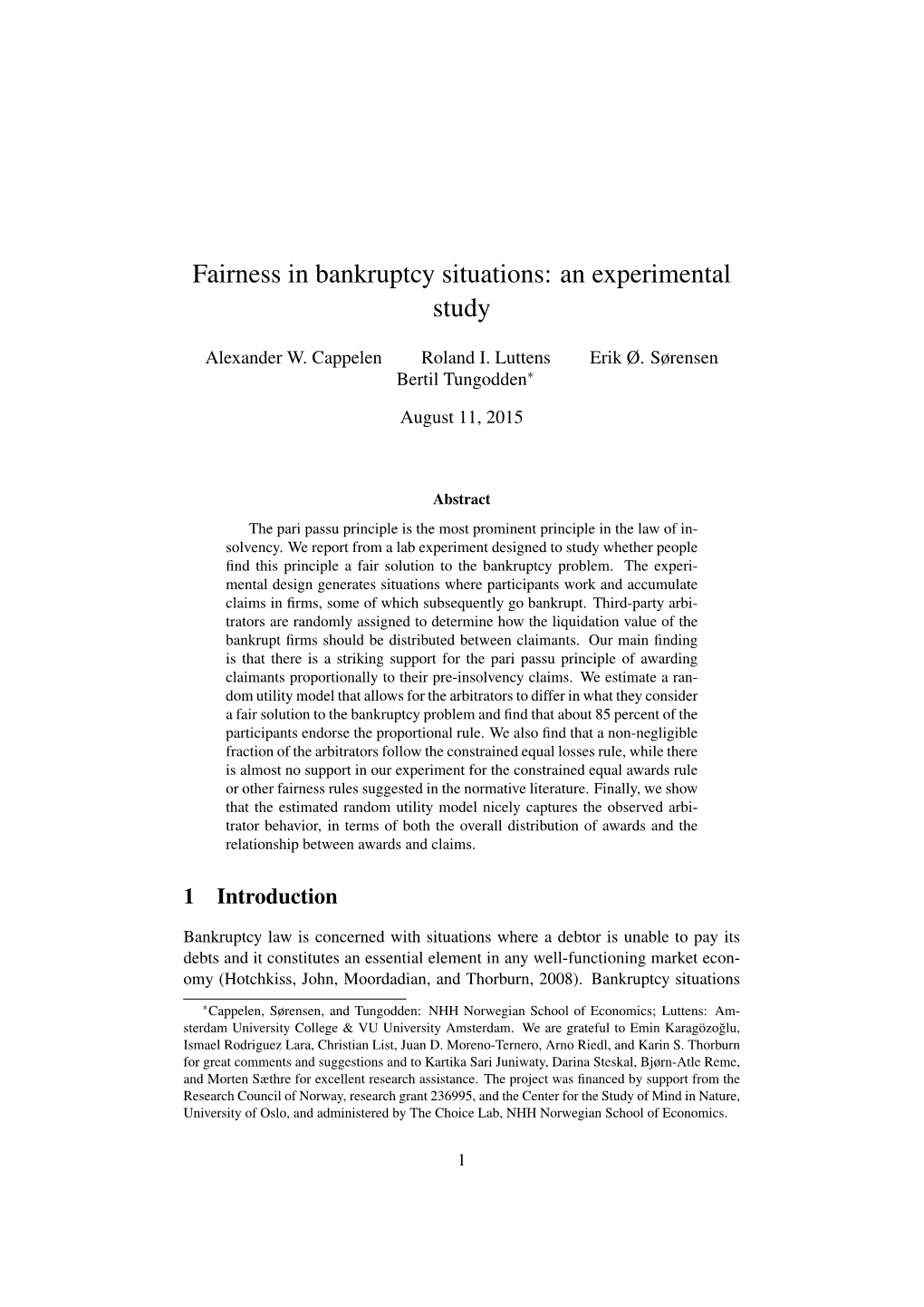 Fairness in Bankruptcy Situations: an Experimental Study