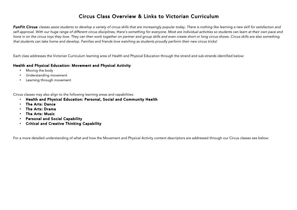 Circus Class Overview & Links to Victorian Curriculum