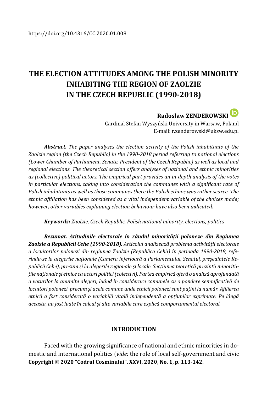 The Election Attitudes Among the Polish Minority Inhabiting the Region of Zaolzie in the Czech Republic (1990-2018)