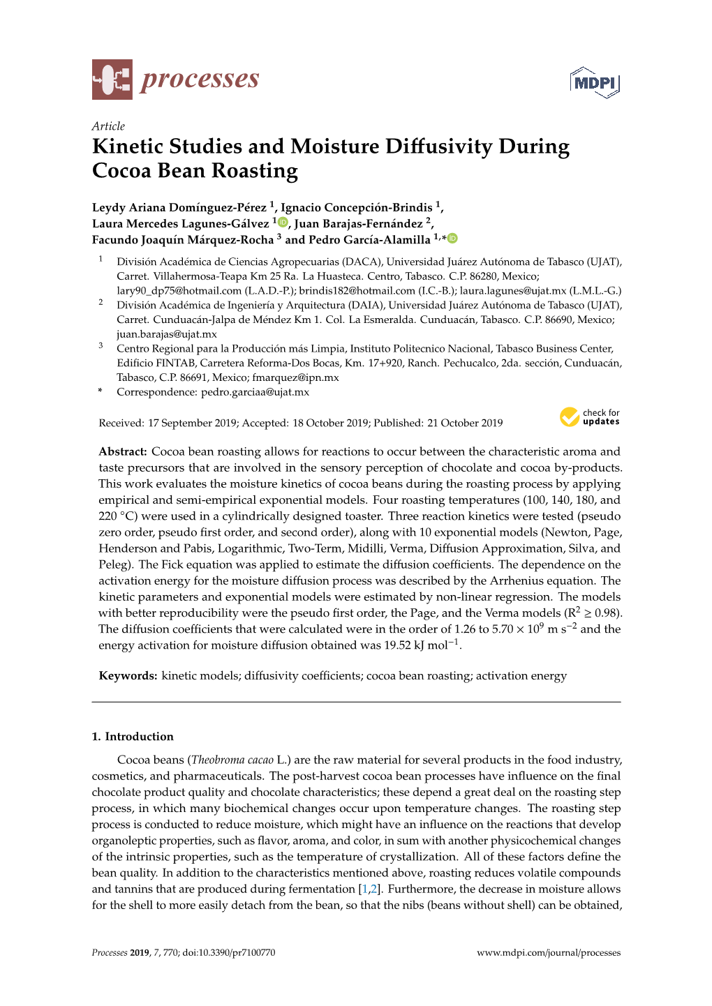 Kinetic Studies and Moisture Diffusivity During Cocoa Bean Roasting