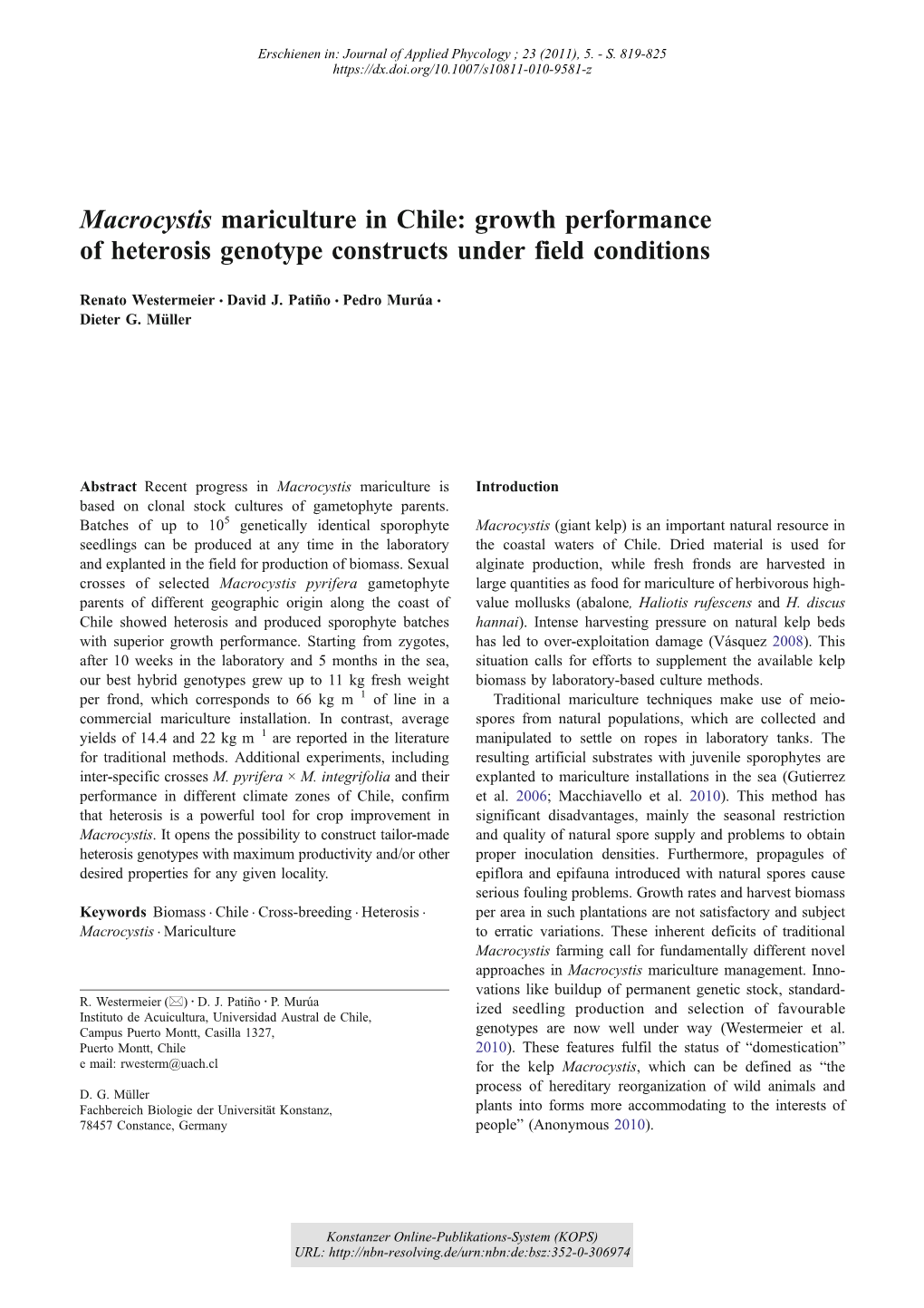 Macrocystis Mariculture in Chile : Growth Performance of Heterosis