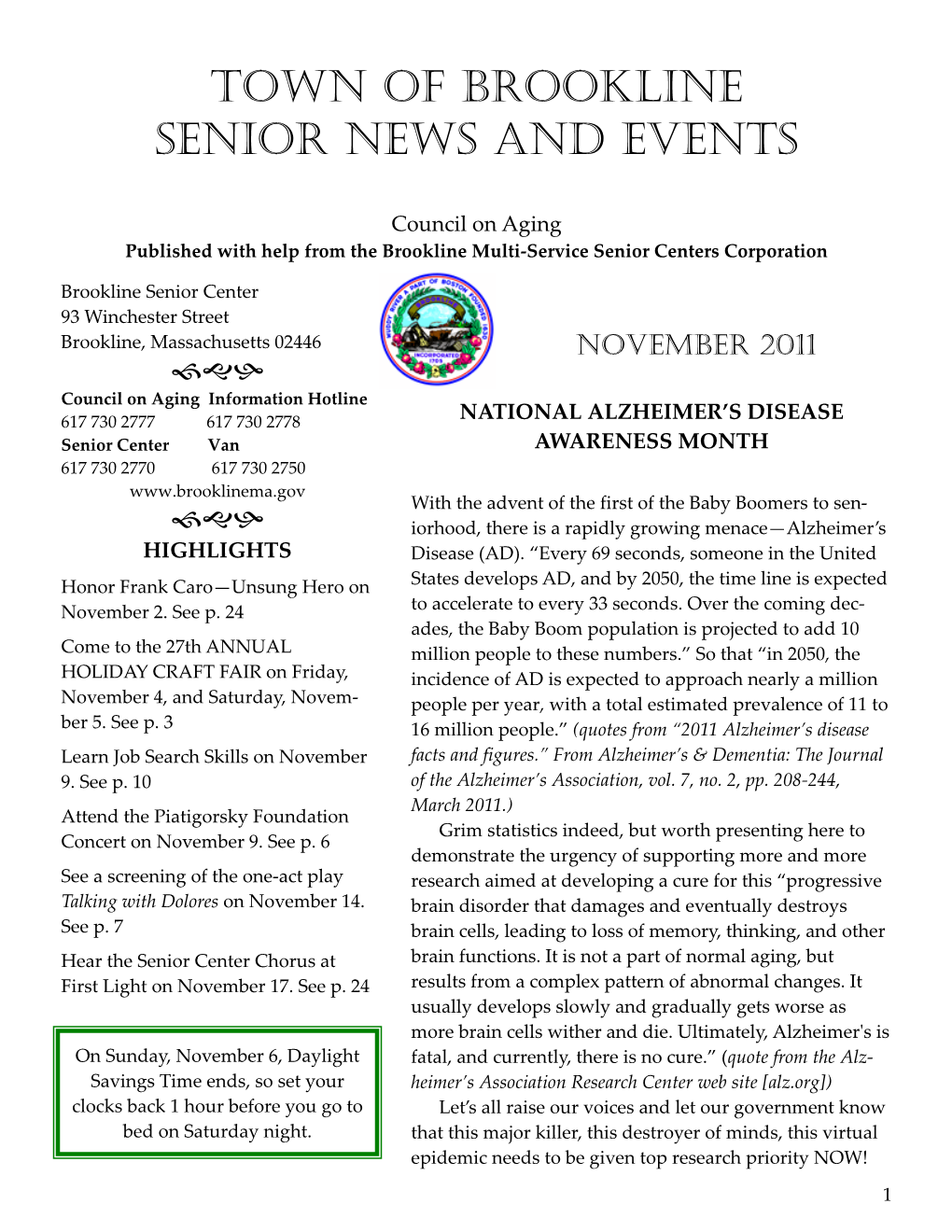 Council on Aging Newsletter November 2011