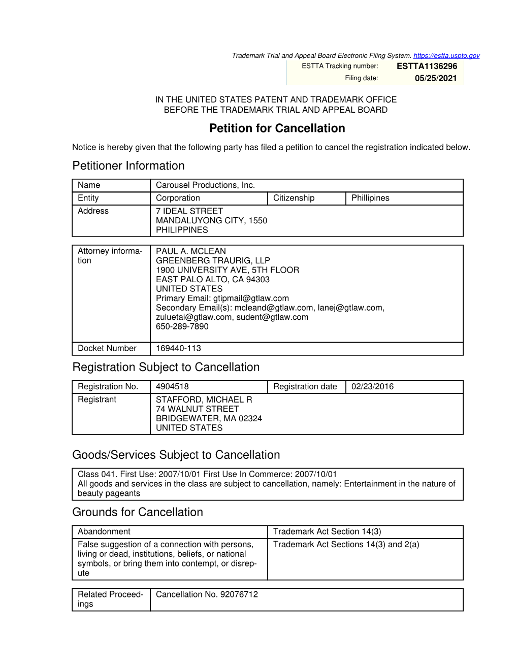 Petition for Cancellation Petitioner Information