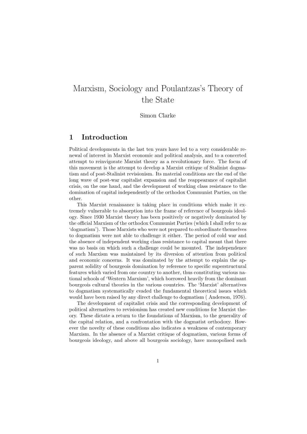 Marxism, Sociology and Poulantzas's Theory of the State