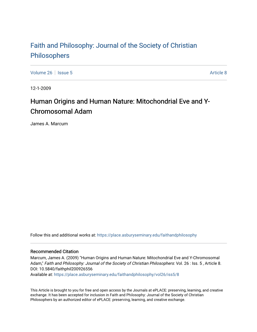 Human Origins and Human Nature: Mitochondrial Eve and Y- Chromosomal Adam