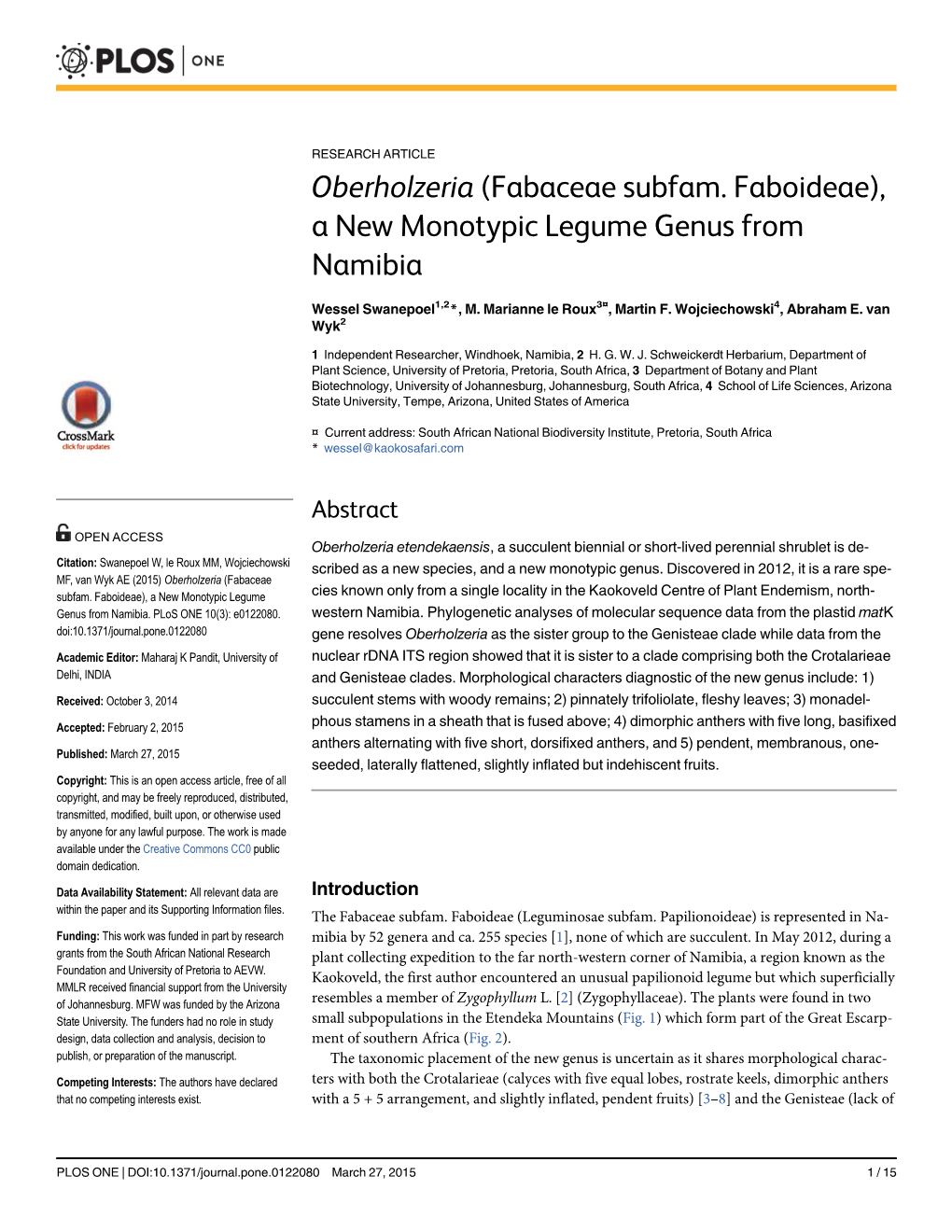 Oberholzeria (Fabaceae Subfam. Faboideae), a New Monotypic Legume Genus from Namibia