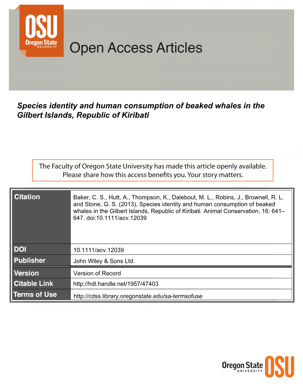 Species Identity and Human Consumption of Beaked Whales in the Gilbert Islands, Republic of Kiribati