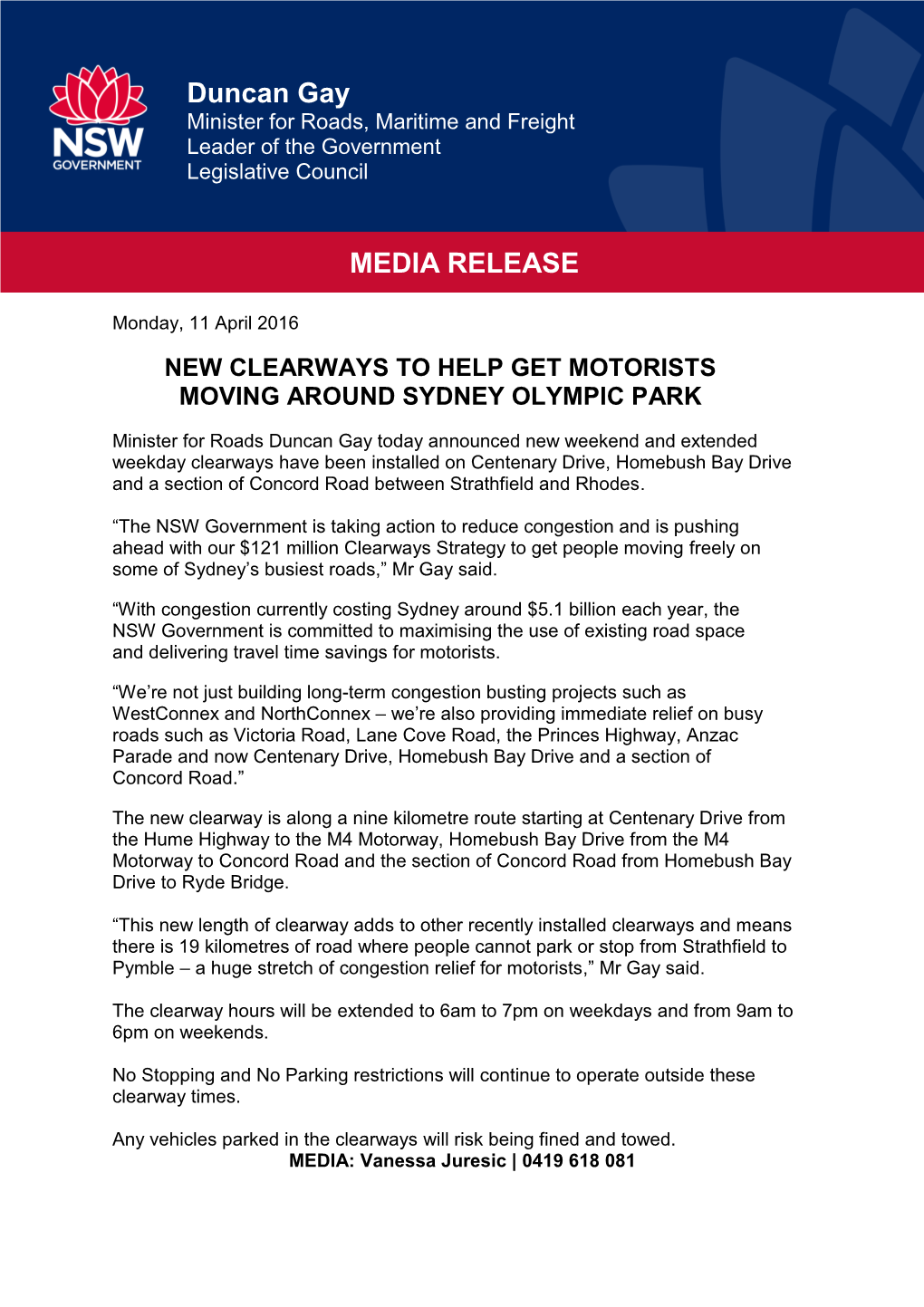 New Clearways to Help Get Motorists Moving Around Sydney Olympic Park