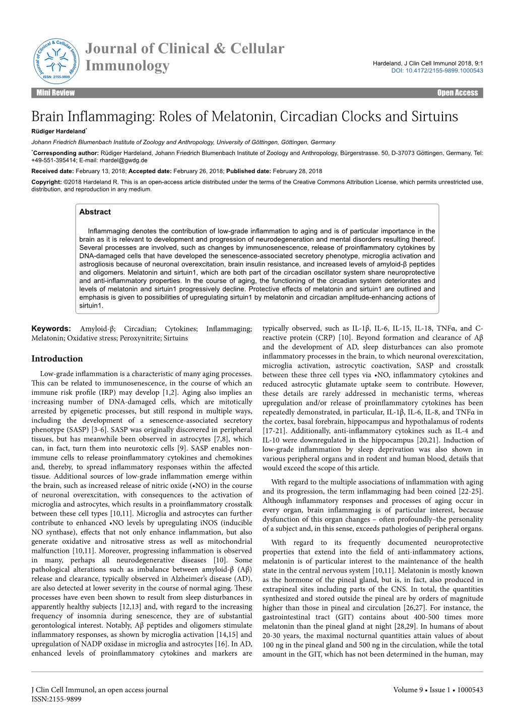 Brain Inflammaging: Roles of Melatonin, Circadian Clocks