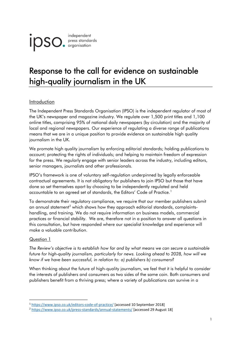 Response to the Call for Evidence on Sustainable High-Quality Journalism in the UK