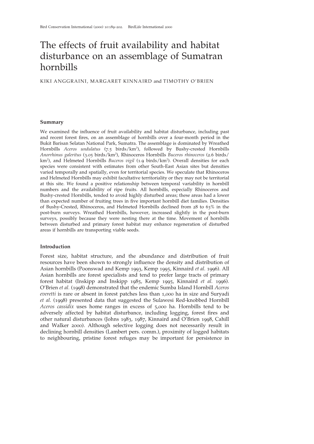 The Effects of Fruit Availability and Habitat Disturbance on an Assemblage of Sumatran Hornbills