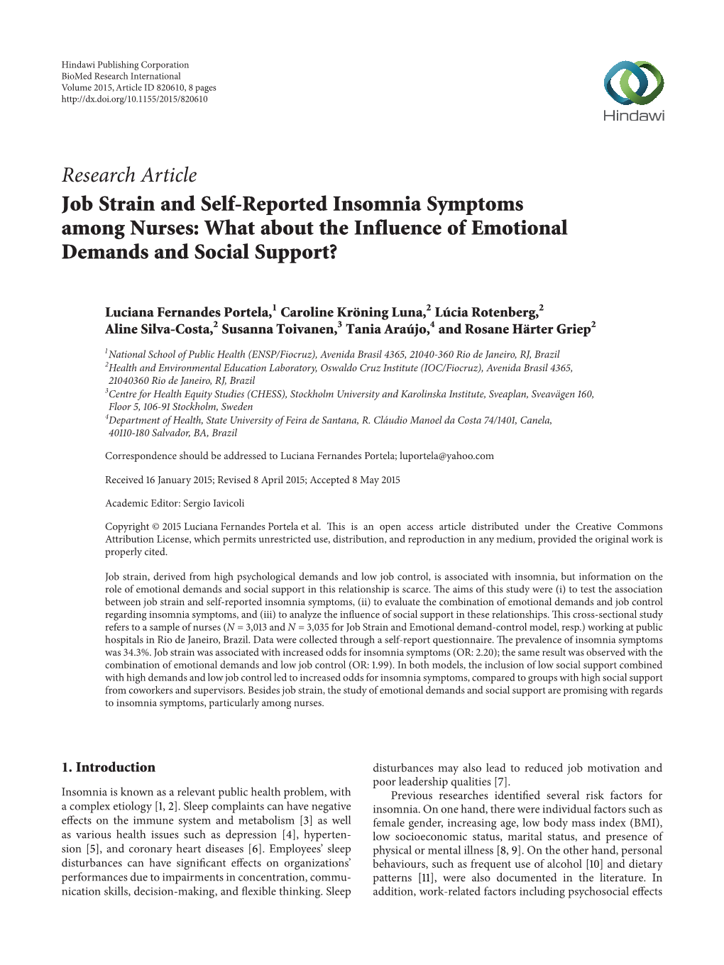 Job Strain and Self-Reported Insomnia Symptoms Among Nurses: What About the Influence of Emotional Demands and Social Support?