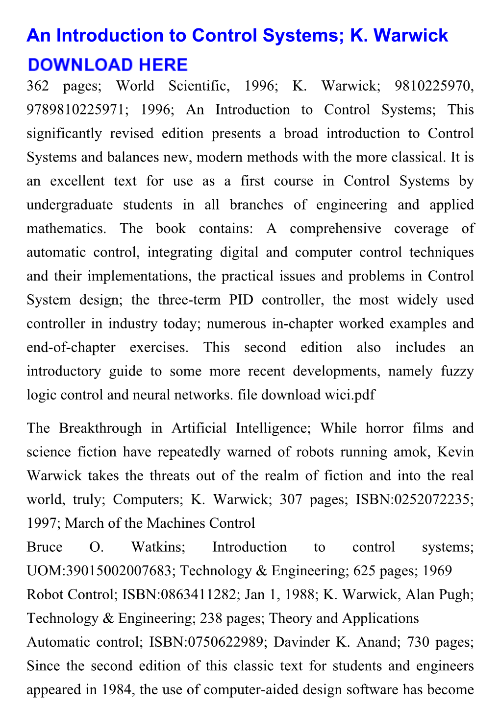 An Introduction to Control Systems; K. Warwick