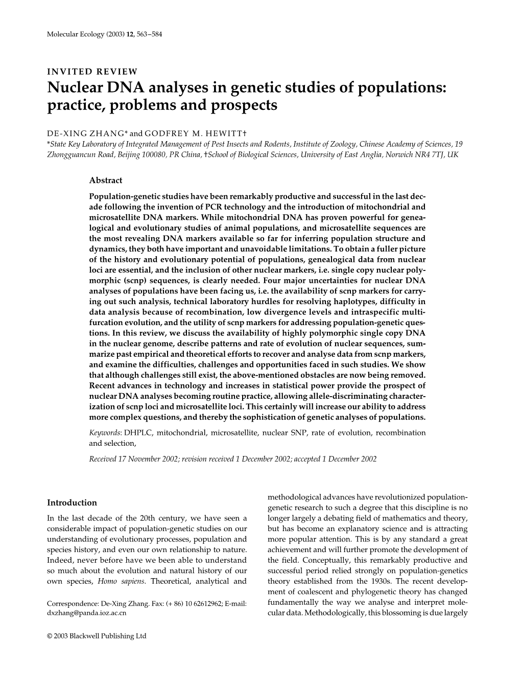 Nuclear DNA Analyses in Genetic Studies of Populations: Practice, Problems and Prospects