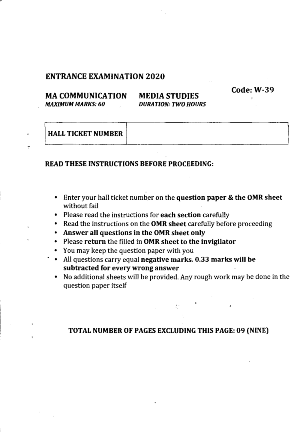 Entrance Examination 2020 Ma Communication Media Studies