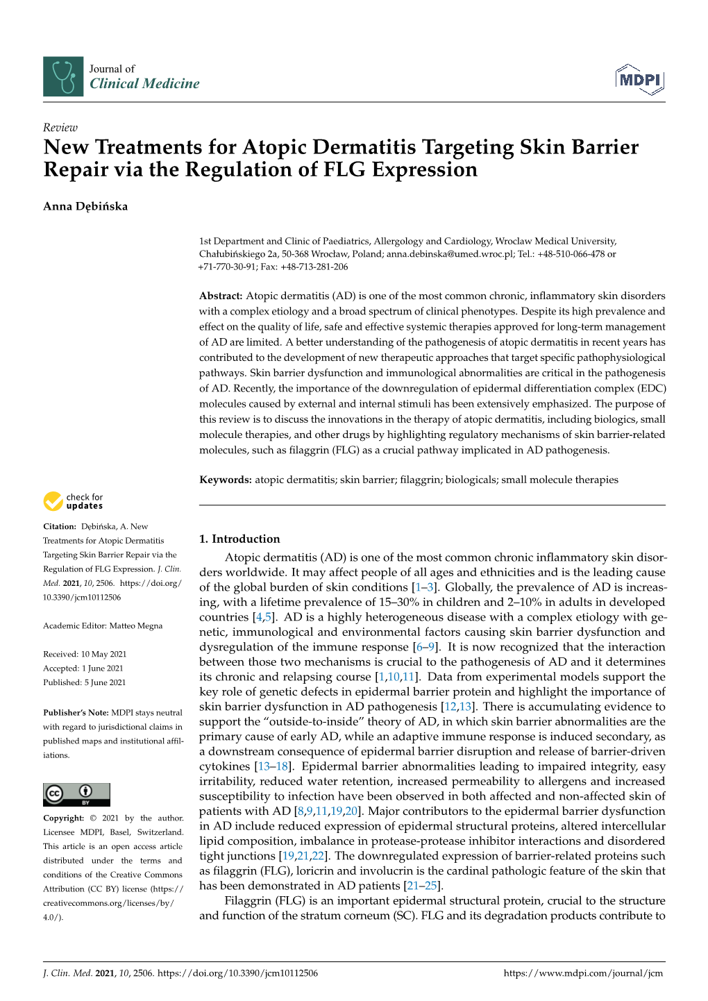 New Treatments for Atopic Dermatitis Targeting Skin Barrier Repair Via the Regulation of FLG Expression