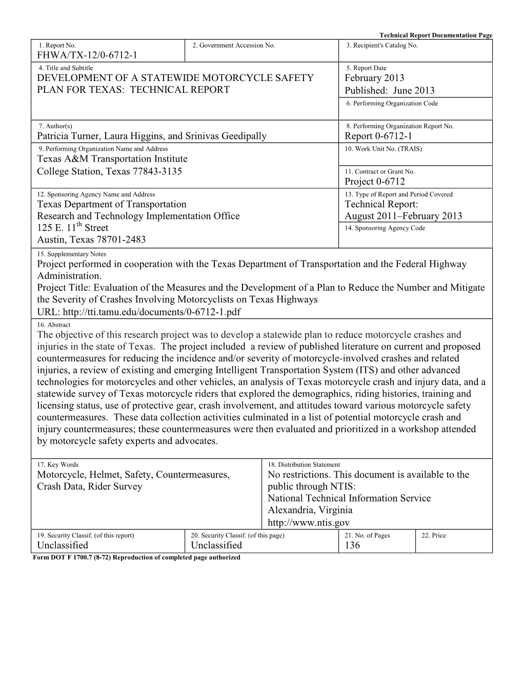 Development of a Statewide Motorcycle Safety Plan for Texas: Technical Report