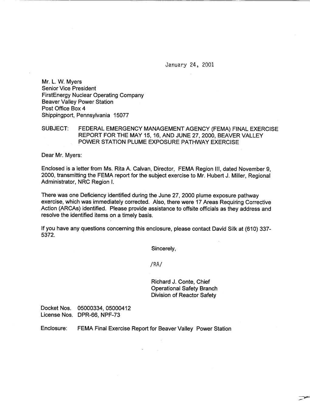 Fema) Final Exercise Report for the May 15, 16, and June 27, 2000, Beaver Valley Power Station Plume Exposure Pathway Exercise