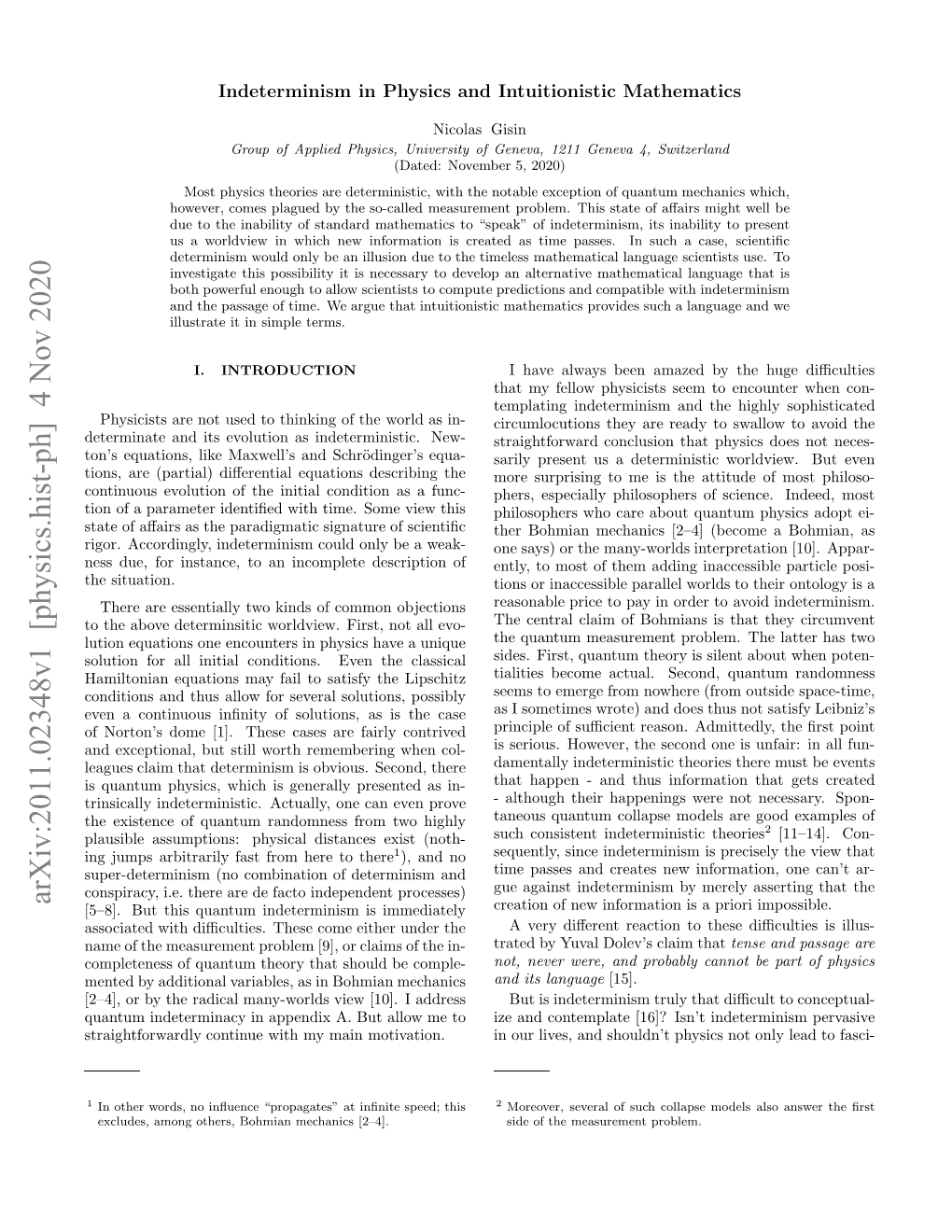 Indeterminism in Physics and Intuitionistic Mathematics