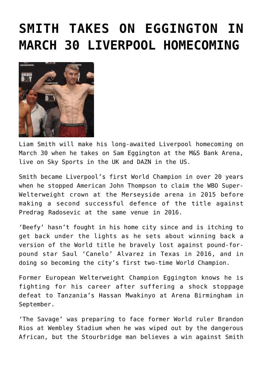 Smith Takes on Eggington in March 30 Liverpool Homecoming