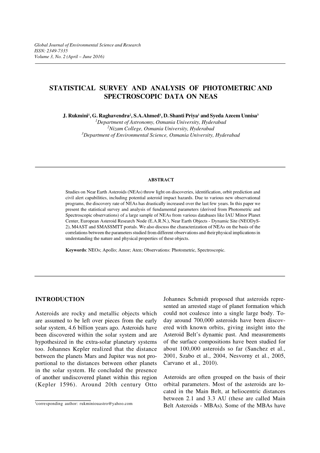 Statistical Survey and Analysis of Photometric and Spectroscopic Data on Neas