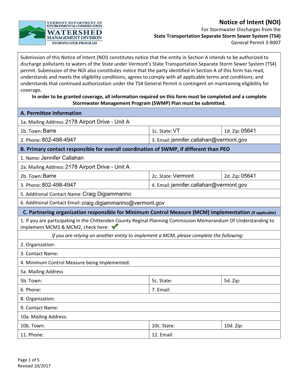 Vtrans TS4 NOI, Question D.1 List of First Waters to Which Designated MS4 Areas Discharge, Impairment Status, and Pollutants for Impaired Waters November 17, 2017