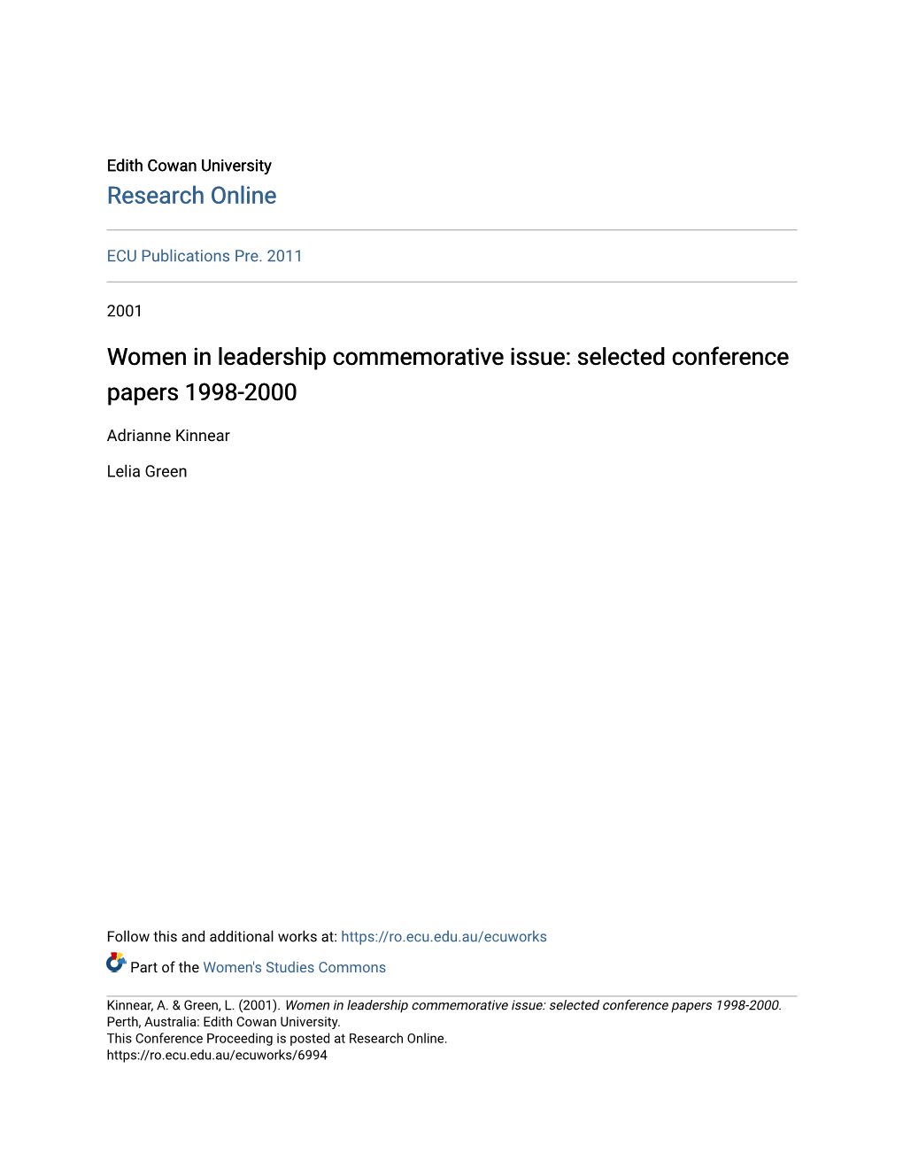Women in Leadership Commemorative Issue: Selected Conference Papers 1998-2000