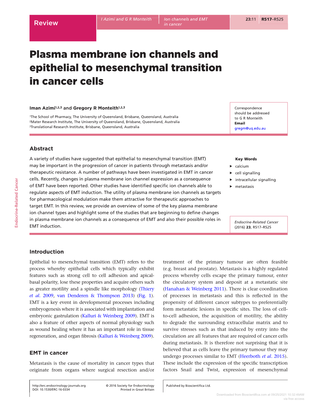 Plasma Membrane Ion Channels and Epithelial to Mesenchymal Transition in Cancer Cells