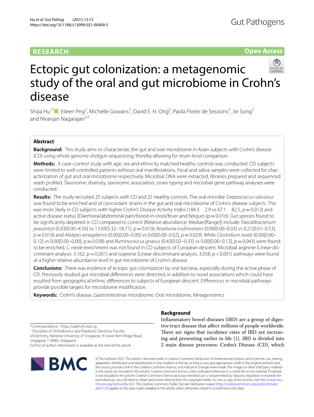 A Metagenomic Study of the Oral and Gut Microbiome in Crohn’S Disease Shijia Hu1* , Eileen Png2, Michelle Gowans3, David E