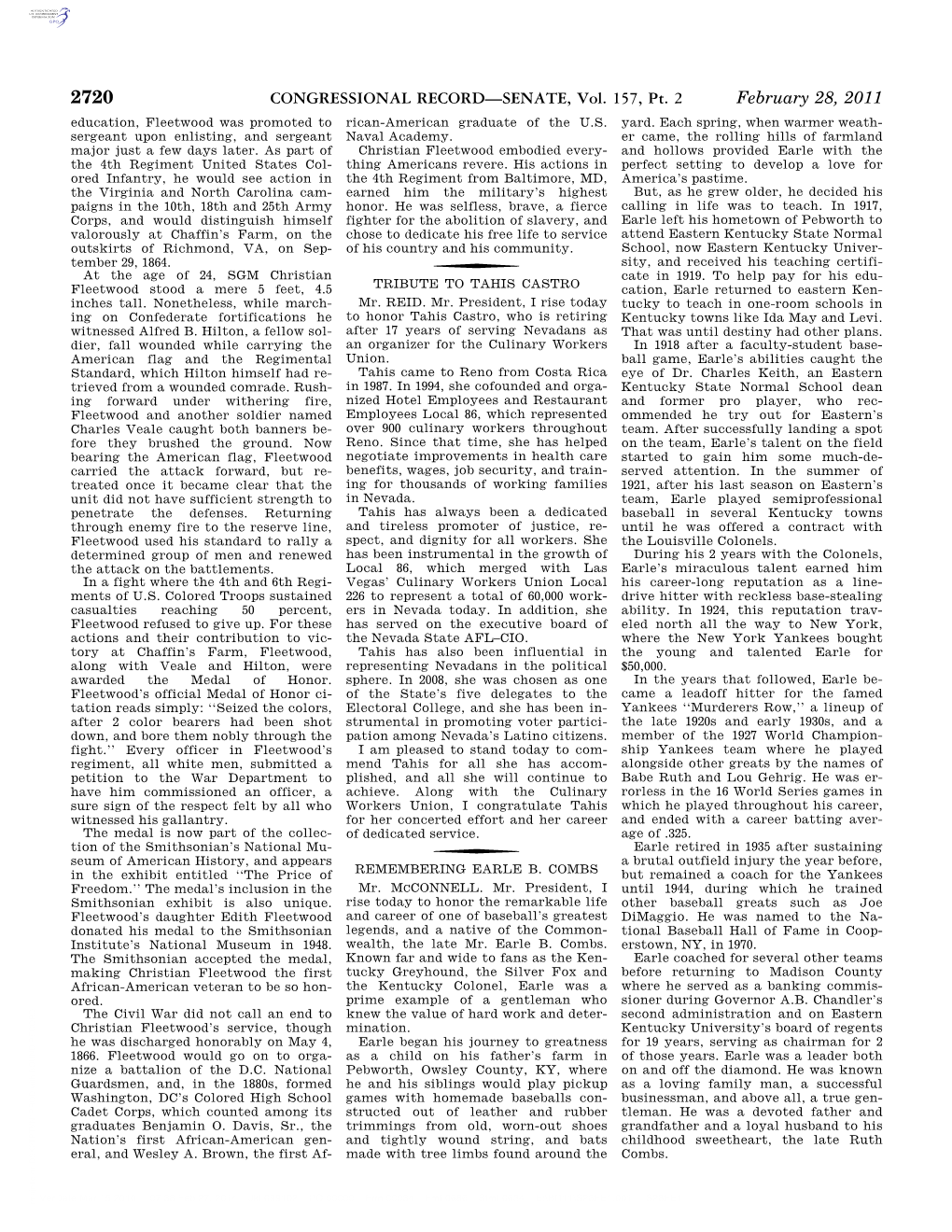 CONGRESSIONAL RECORD—SENATE, Vol. 157, Pt. 2 February 28, 2011 Education, Fleetwood Was Promoted to Rican-American Graduate of the U.S