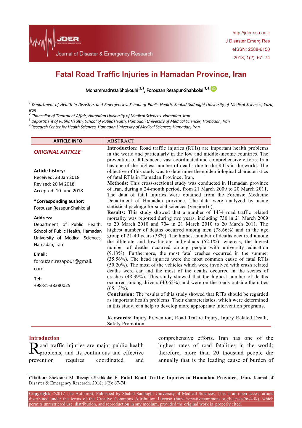 Fatal Road Traffic Injuries in Hamadan Province, Iran