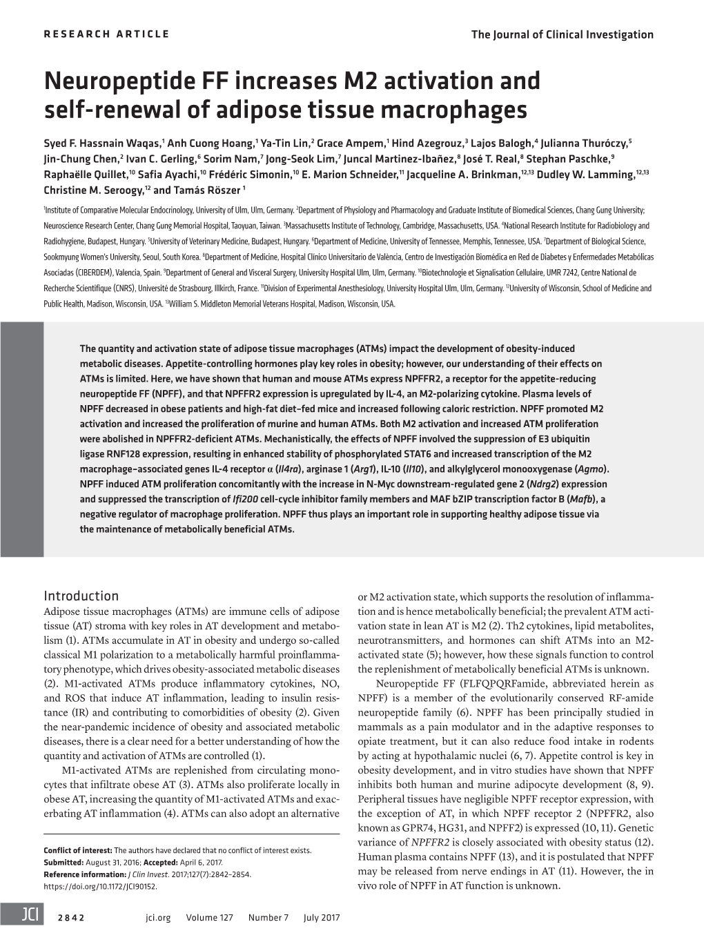 Neuropeptide FF Increases M2 Activation and Self-Renewal of Adipose Tissue Macrophages