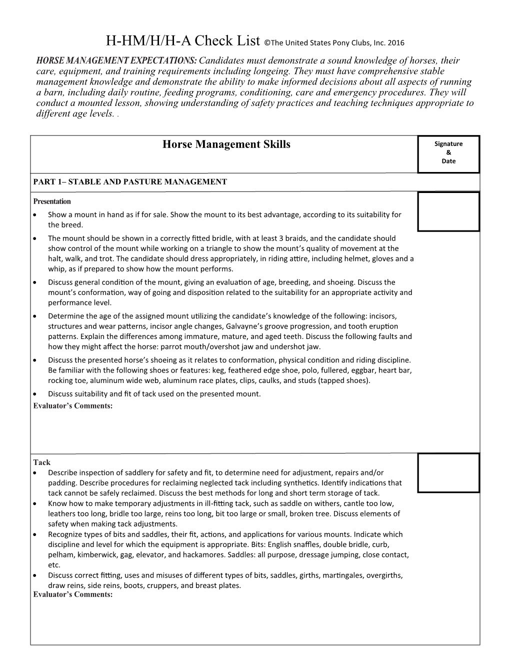 Horse Management Skills Signature & Date