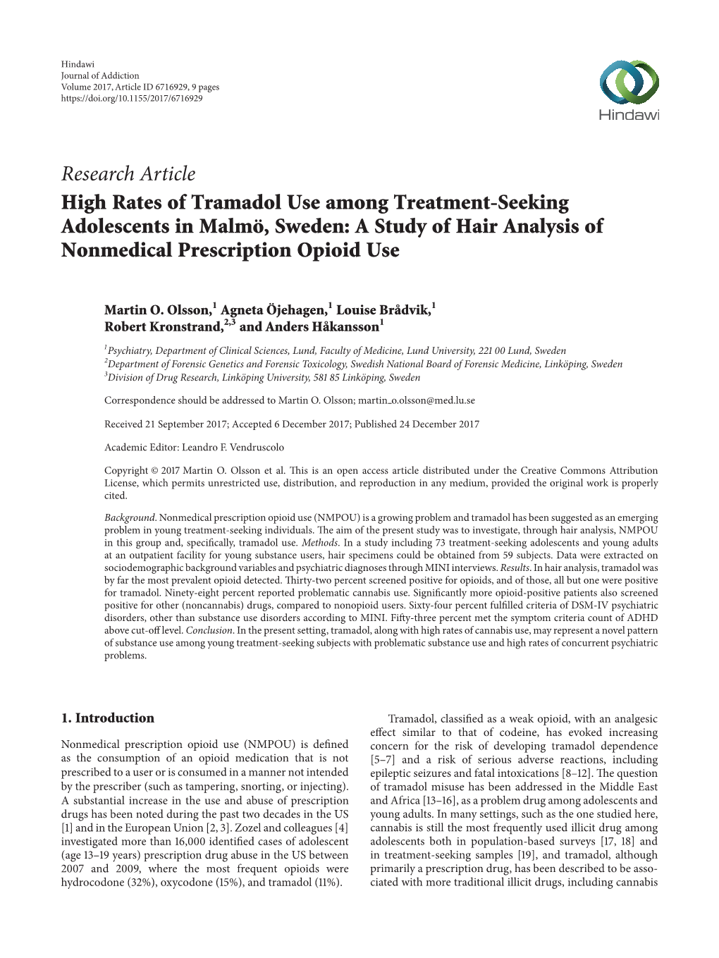 High Rates of Tramadol Use Among Treatment-Seeking Adolescents in Malmö, Sweden: a Study of Hair Analysis of Nonmedical Prescription Opioid Use