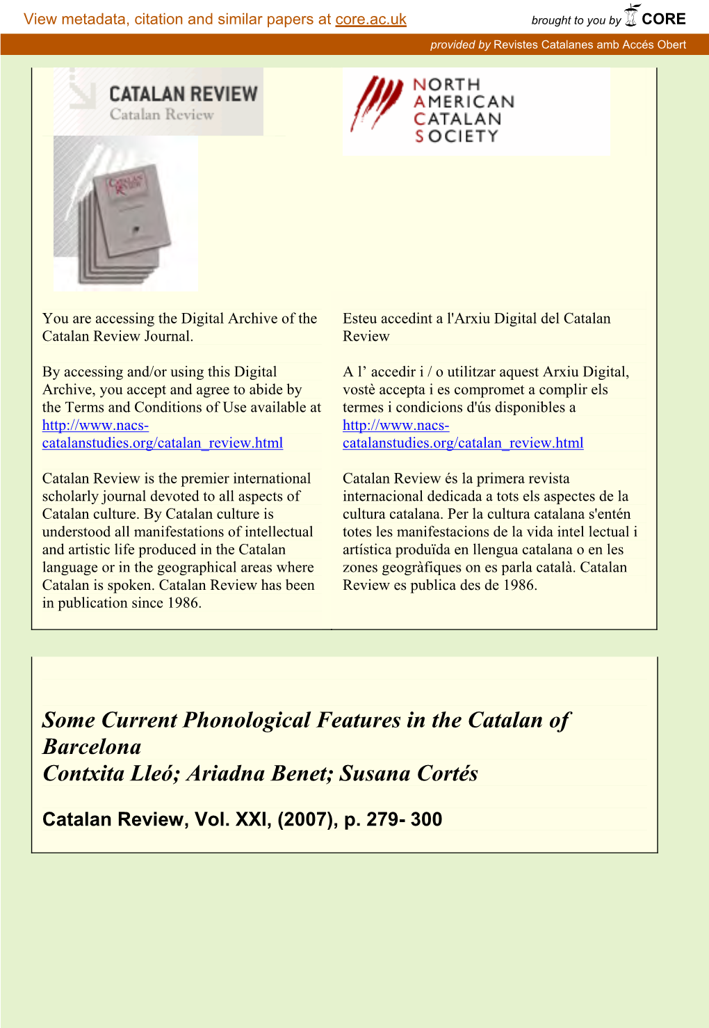 Some Current Phonological Features in the Catalan of Barcelona Contxita Lleó; Ariadna Benet; Susana Cortés