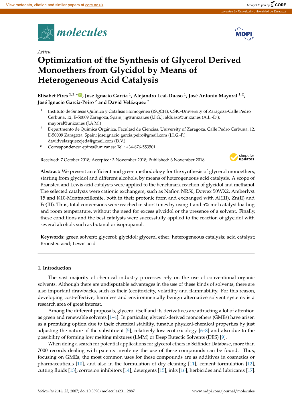 Optimization of the Synthesis of Glycerol Derived Monoethers from Glycidol by Means of Heterogeneous Acid Catalysis