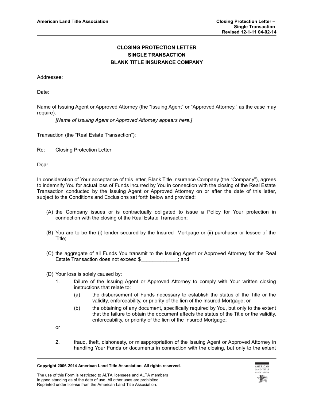 American Land Title Association Closing Protection Letter s1