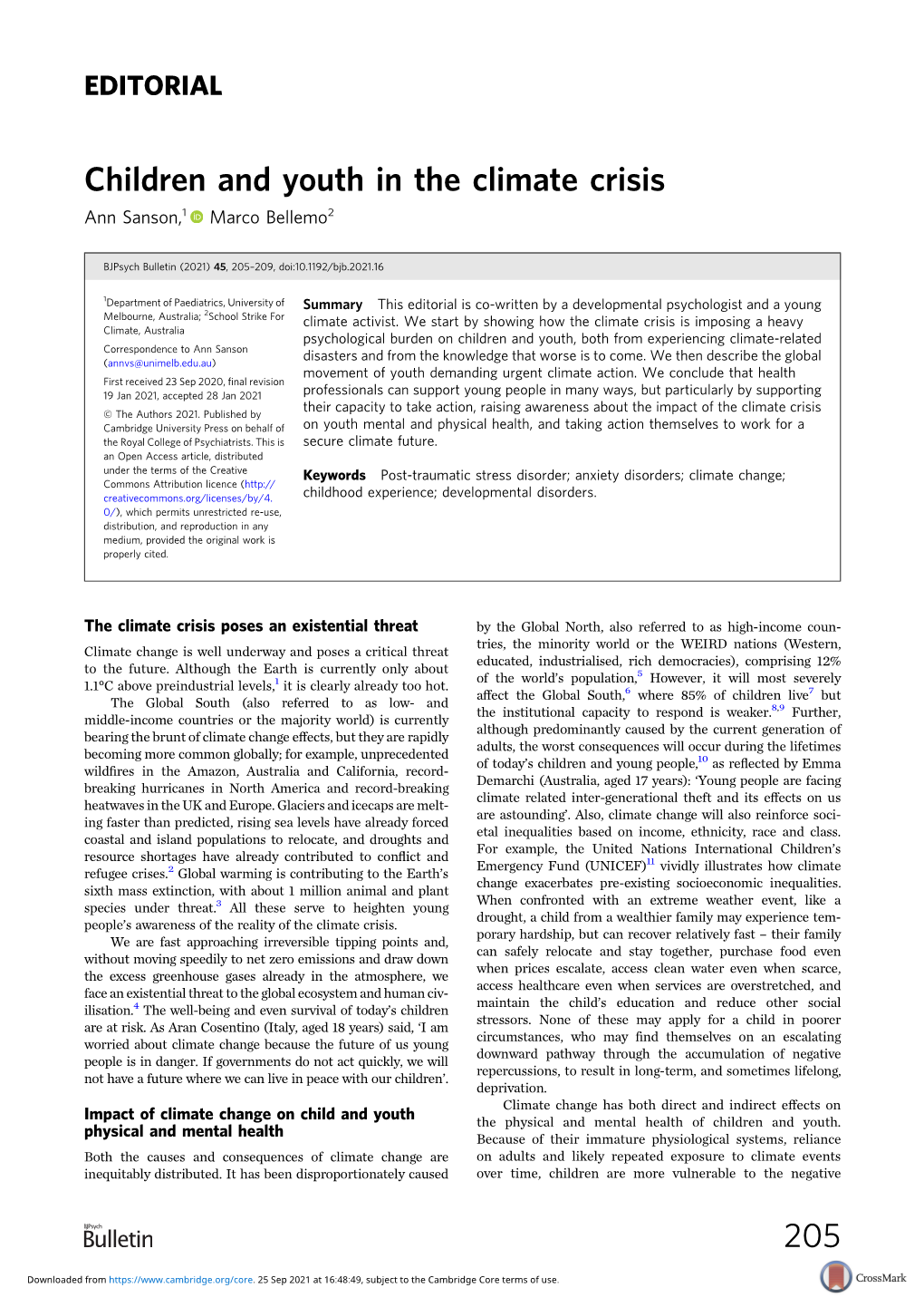 Children and Youth in the Climate Crisis Ann Sanson,1 Marco Bellemo2