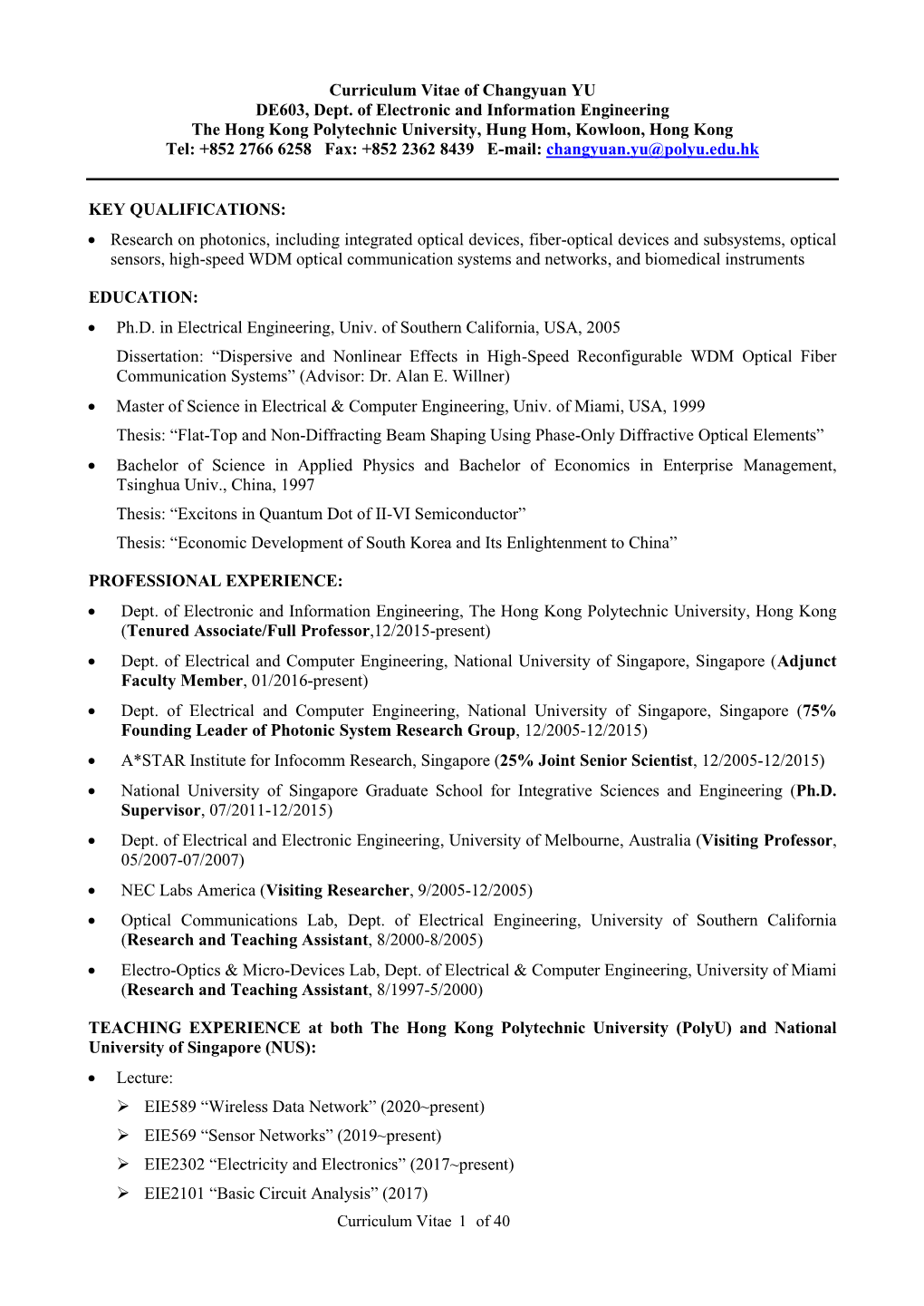 Curriculum Vitae of Changyuan YU DE603, Dept. of Electronic And