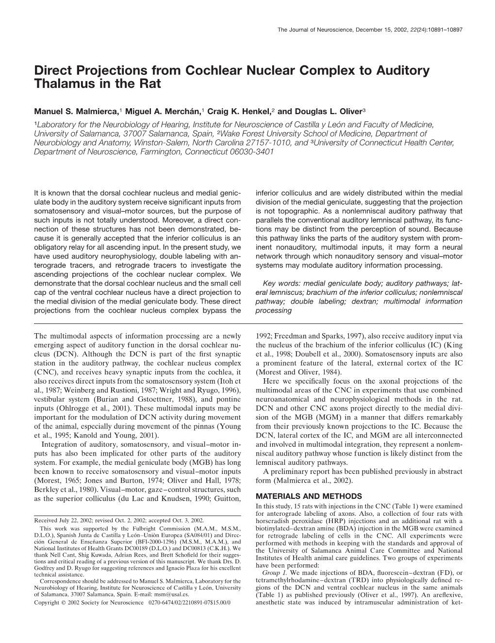 Direct Projections from Cochlear Nuclear Complex to Auditory Thalamus in the Rat