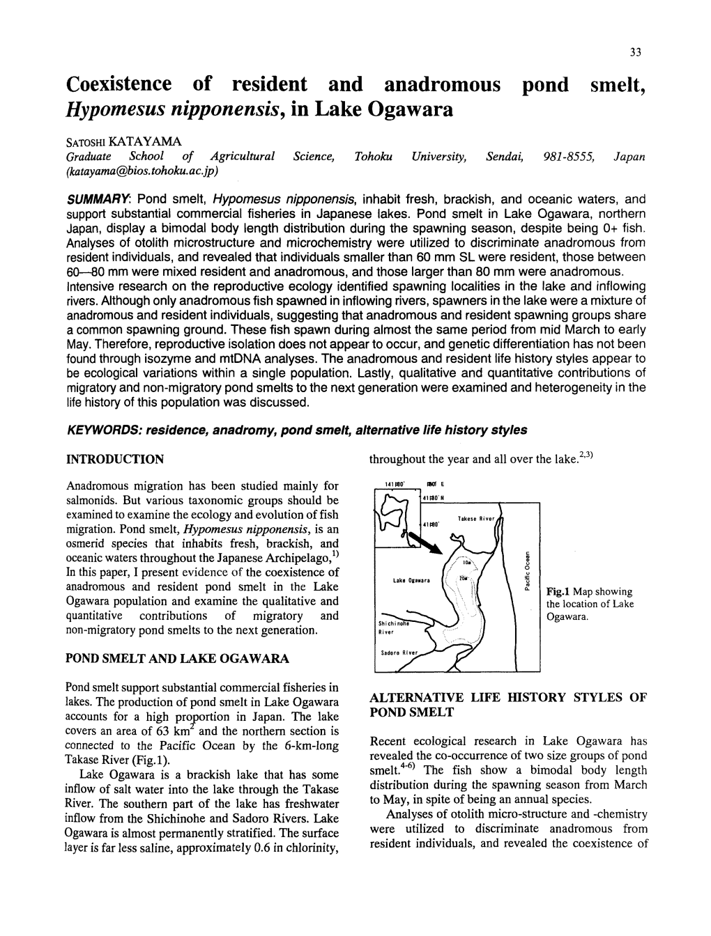 Coexistence of Resident and Anadromous Pond Smelt, Hypomesus Nipponensis, in Lake Ogawara