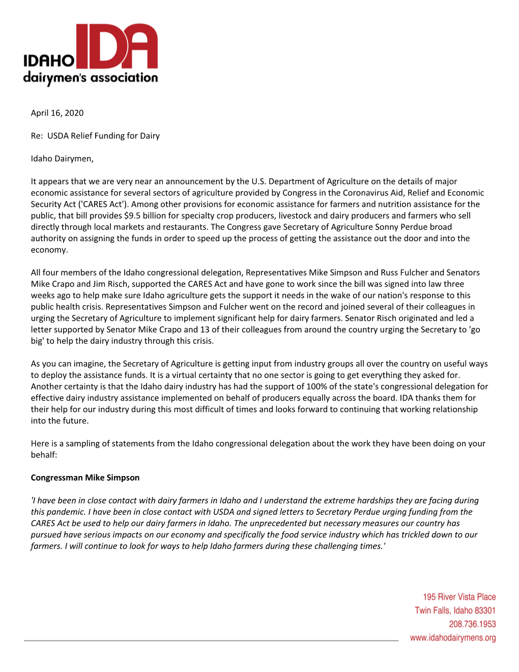 April 16, 2020 Re: USDA Relief Funding for Dairy Idaho Dairymen, It Appears That We Are Very Near an Announcement by the U.S. D