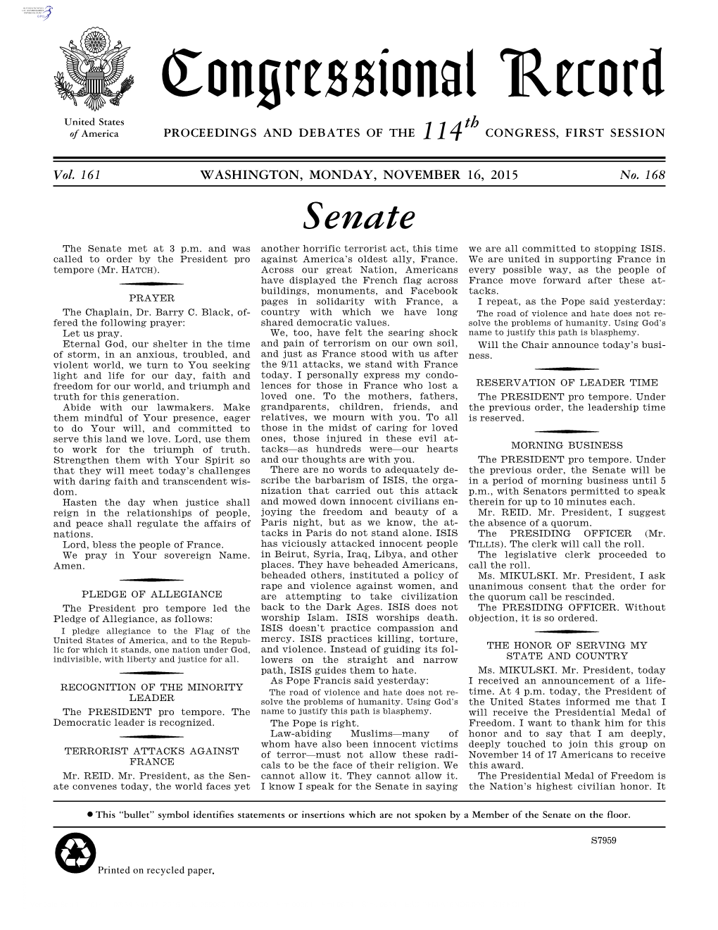 Congressional Record United States Th of America PROCEEDINGS and DEBATES of the 114 CONGRESS, FIRST SESSION