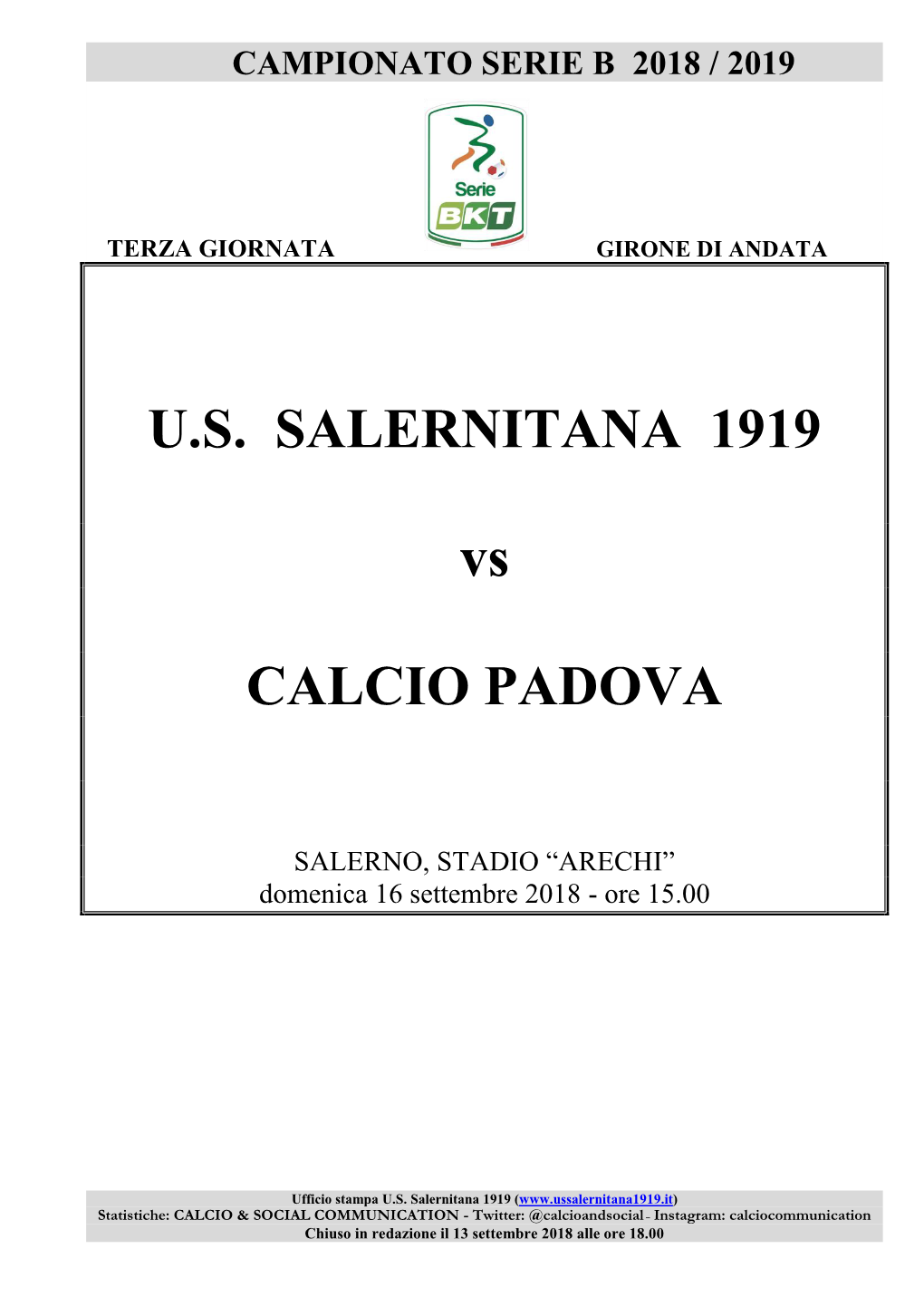 U.S. SALERNITANA 1919 Vs CALCIO PADOVA