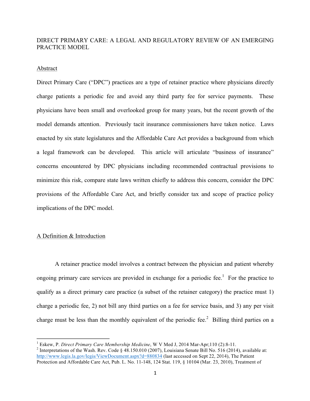 Direct Primary Care: a Legal and Regulatory Review of an Emerging Practice Model