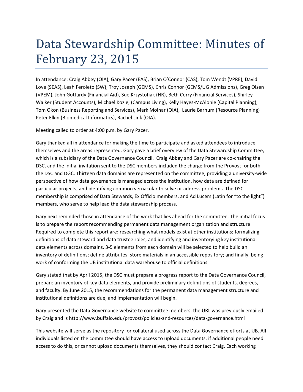 Data Stewardship Committee: Minutes of February 23, 2015