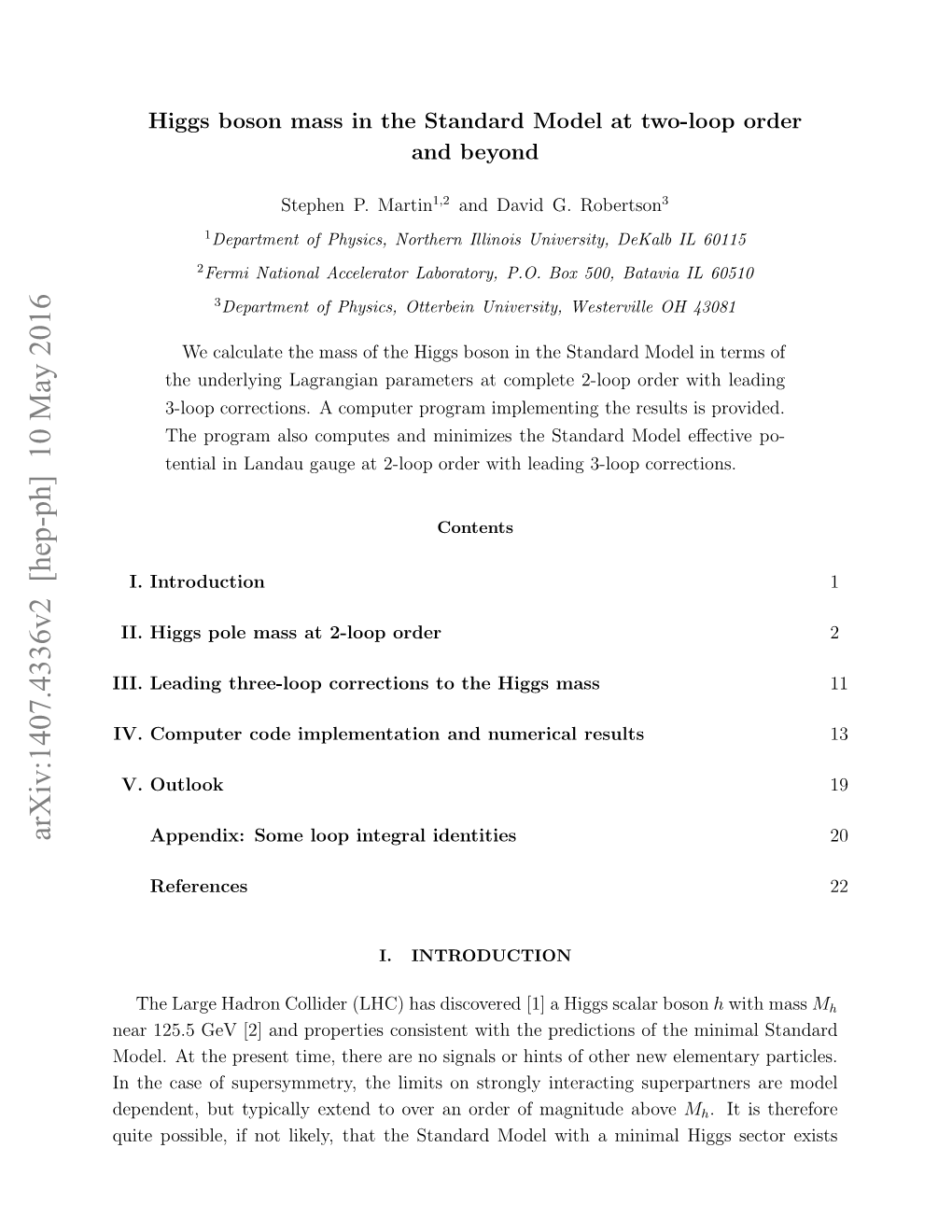 Arxiv:1407.4336V2 [Hep-Ph] 10 May 2016 I.Laigtrelo Orcin Otehgsmass Higgs the to Corrections Three-Loop Leading III