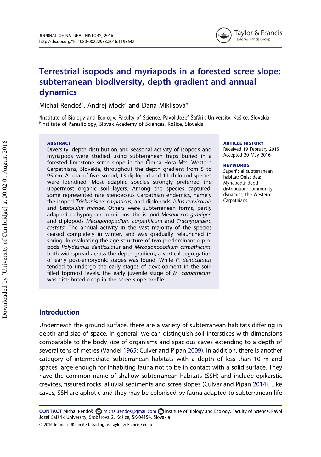 Terrestrial Isopods and Myriapods in a Forested Scree Slope